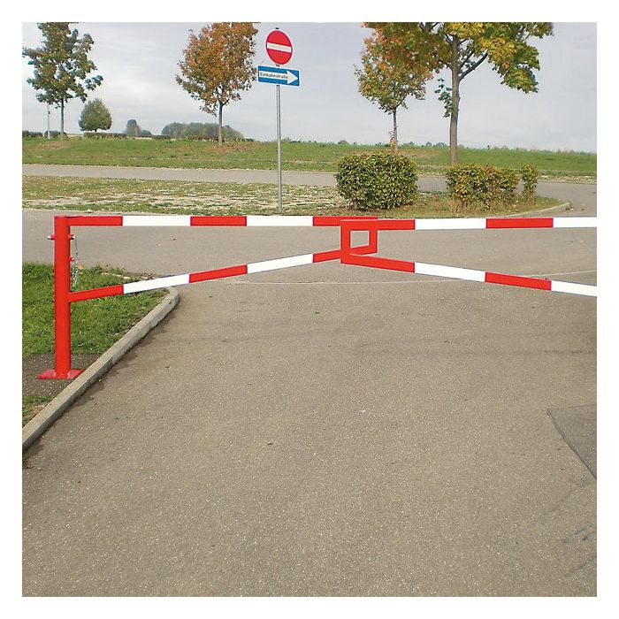 Handbediende dubbele draaiboom, overspanning per draaiboom 338 cm, zonder steunpaal, rood/wit