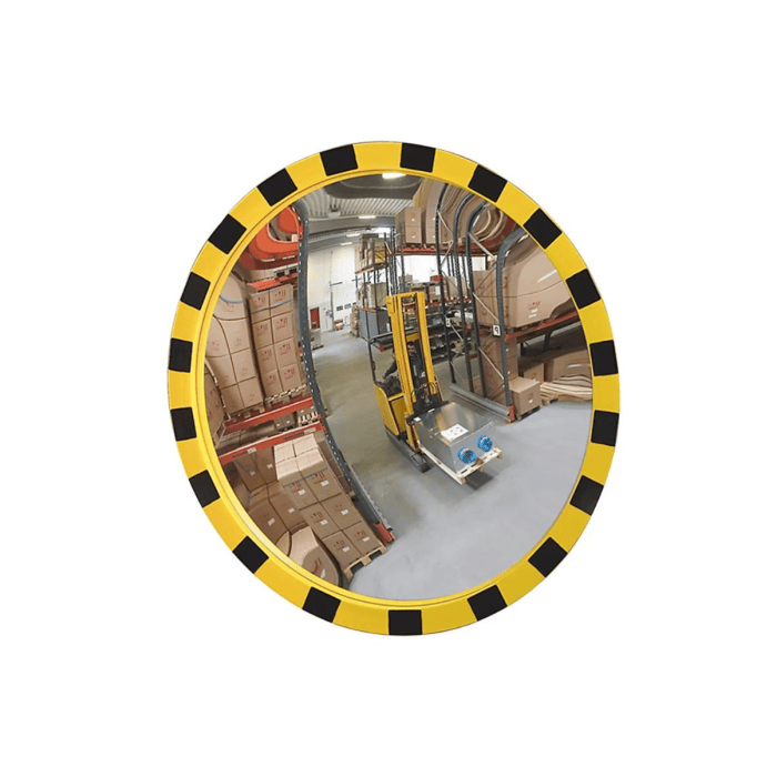 JISLON industriespiegel acryl Ø 60 cm met reflecterende geel-zwarte rand en beugel Ø 48–90 mm.