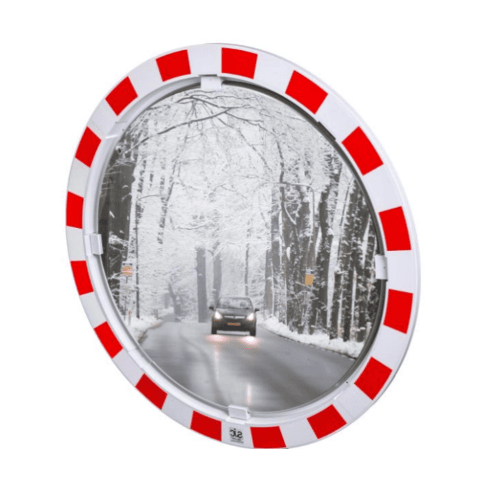 JISLON verkeersspiegel RVS anti-condens Ø 80 cm met rood-witte reflecterende rand en besneeuwde weg in het spiegelbeeld.