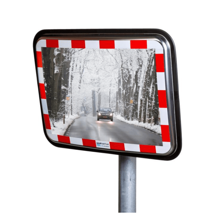 JISLON verkeersspiegel RVS 60 × 80 cm met rood-witte reflecterende rand en besneeuwde weg in het spiegelbeeld.