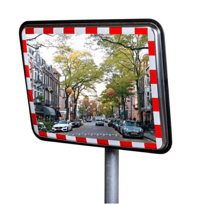 JISLON verkeersspiegel RVS 60 × 80 cm met rood-witte reflecterende rand en straatbeeld in het spiegeloppervlak.