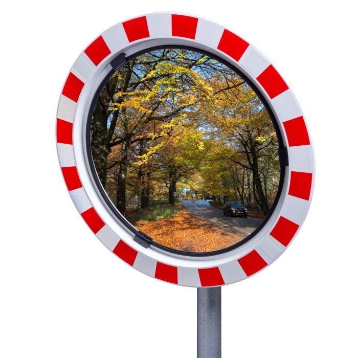 Verkeersspiegel Ø 80 cm, acrylaat, rand rood/wit, inclusief bevestigingsbeugel 48-90 mm