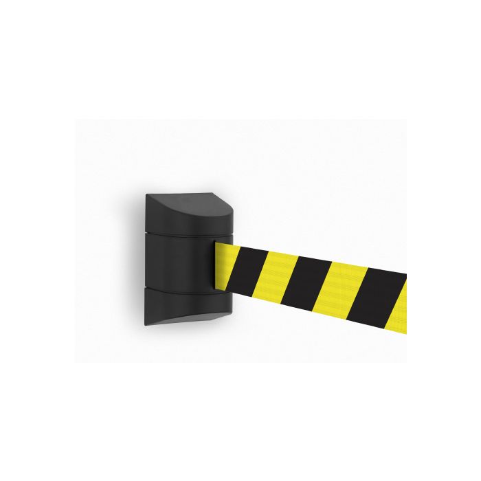 Wandcassette zwart met uittrekbaar lint 4,60 meter, kleur lint geel/zwart met magnetische wandclip