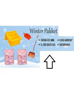 Winterpakket A, 1 zoutbak 50 kg, 1 kleine handschep, 2 zakken strooizout 25 kg en een sneeuwschuiver