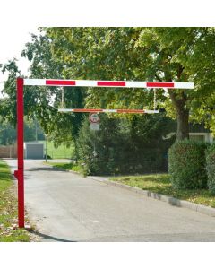 Draaibare hoogtebegrenzer, doorrijbreedte 300 cm, doorrijhoogte instelbaar tussen 220 cm en 265 cm, rood/wit
