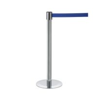 Paal chroom met uittrekbaar lint 2,30 meter, kleur lint blauw