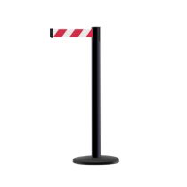 Paal in zwart satijn finish met uittrekbaar lint 2,30 meter, kleur lint rood/wit