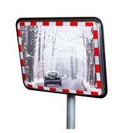 JISLON anti-vries verkeersspiegel RVS 60 × 80 cm met rood-witte reflecterende rand en besneeuwde weg