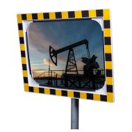 JISLON industriespiegel acryl 60 × 80 cm met geel-zwarte reflecterende rand en industriële pompinstallatie