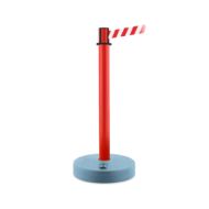 Set van 2 rode kunststof palen met opvulbare voet en met uittrekbaar lint 3,65 meter, kleur lint rood/wit