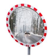 JISLON verkeersspiegel RVS anti-condens Ø 100 cm met rood-witte rand en weerspiegeling van een besneeuwde weg